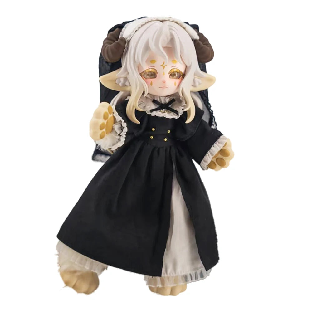 A 1/12 scale Lunar-themed posable doll blind box with white hair, gold eyes, and a black outfit.