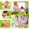 A set of kids cooking tools including safe toddler knives, orange food molds, and various kitchen items for cooking
