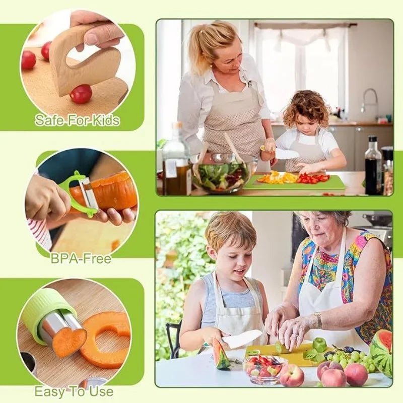 A set of kids cooking tools including safe toddler knives, orange food molds, and various kitchen items for cooking