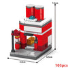 A red and white building block set depicting a mini city shop with an open window and accessories.