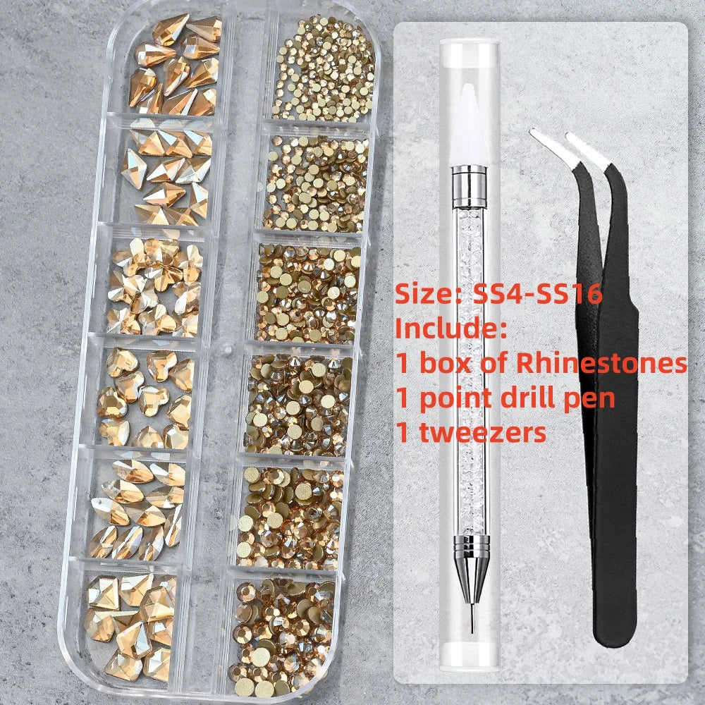 A clear plastic kit containing various gemstones, including rhinestones and glass gems, along with a point drill pen and twee