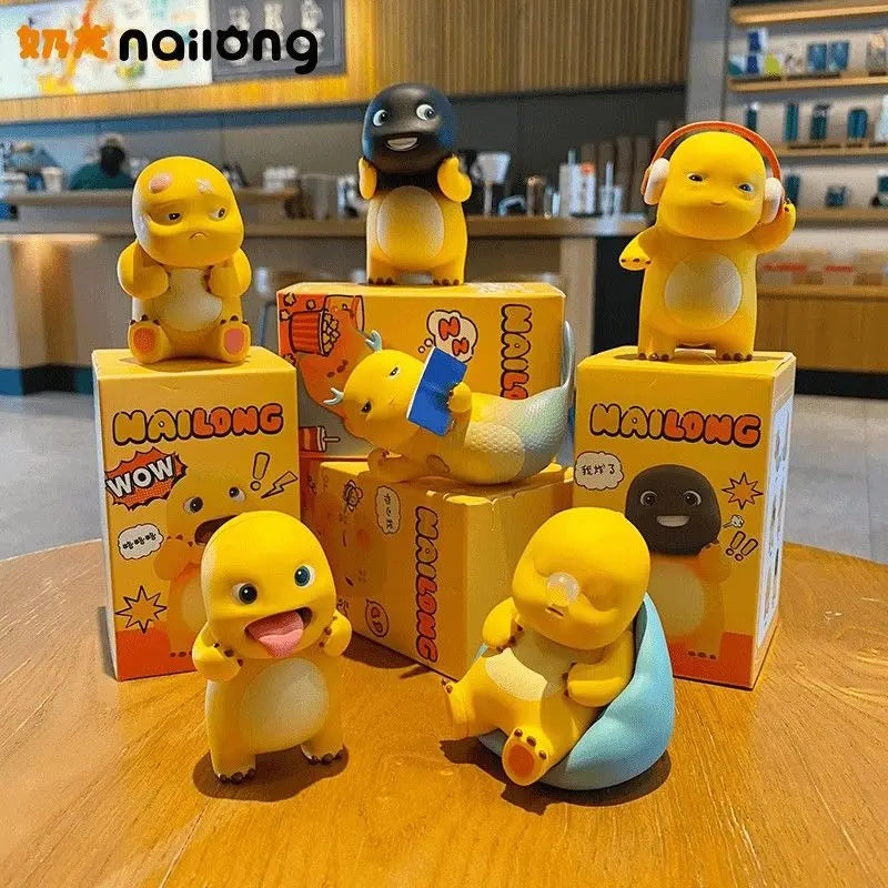 A collection of yellow Milk Dragon decorative figurines in various poses and packaging boxes.