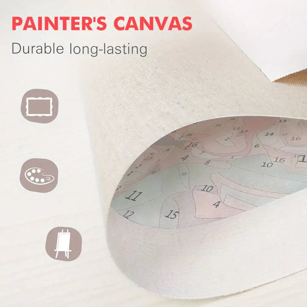 A close-up of a white canvas surface showing numbered paint by numbers sections for a painting kit.