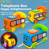 Colorful bus toy with a phone and keyboard for children, featuring various bright colors.