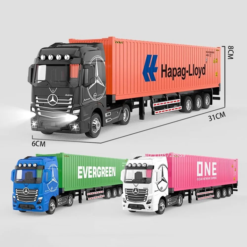 Diecast container truck models showing various colored semi-trucks and shipping containers.