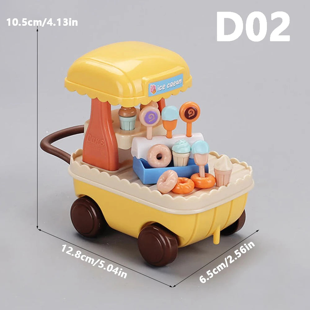 A yellow toy food cart with a yellow umbrella and various ice cream-themed accessories like popsicles and cupcakes.