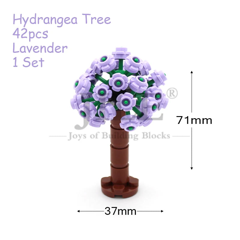 A set of lavender Hydrangea trees building blocks featuring purple flowers and green leaves.