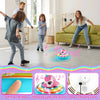Unicorn hover soccer ball with LED lights and music shown next to soft foam bumpers and a Type-c charging cable