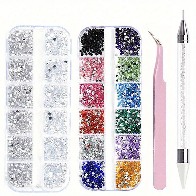 A collection of multi-size flat back acrylic rhinestones in various colors and shades for nail art and DIY crafts.