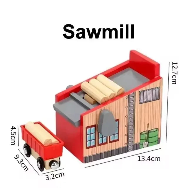 A red sawmill model with wooden logs and a train track accessory set for creative railway play.