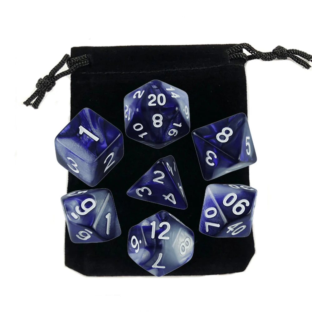 A set of twelve blue and white polyhedral dice stored in a black fabric bag.