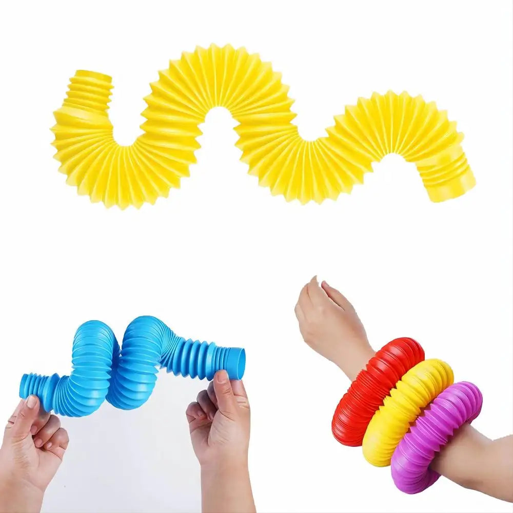 Yellow, blue, and red telescopic pop tubes for sensory play and stress relief