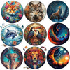 A collection of nine circular jigsaw puzzles featuring various animals like a fox, wolf, elephant, and lion.