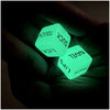 Three glowing green dice labeled with body parts are held in a hand against a dark background.