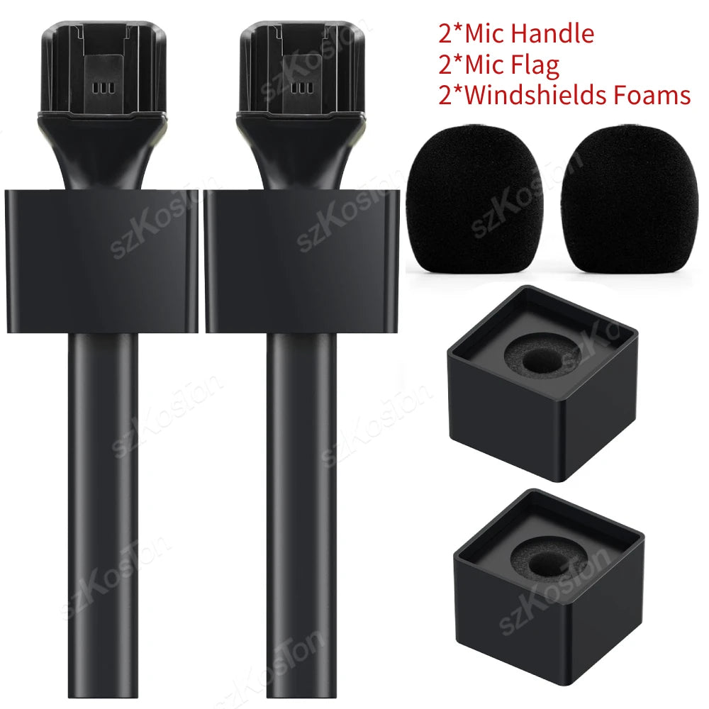 Black universal handheld adapter kit including a mic handle, flag, and two windshields foams