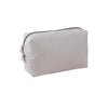 A light gray striped canvas pencil case with a zipper closure.