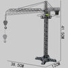 A diecast construction crane model toy set shown in a side view with dimensions.