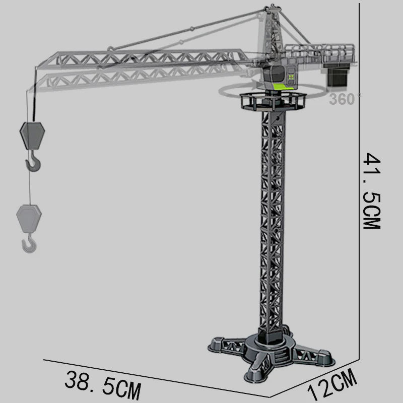 A diecast construction crane model toy set shown in a side view with dimensions.