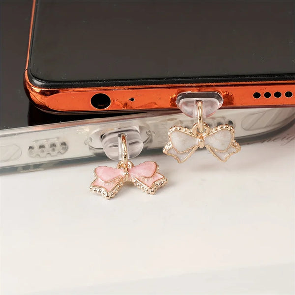 Pink & White Bowknot Phone Dust Plug