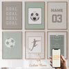 A collection of five framed canvas art pieces featuring soccer balls and a number, displayed on a white wall.