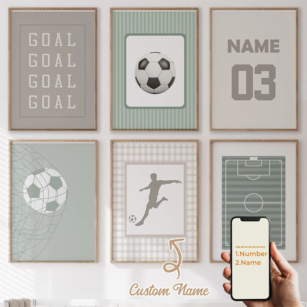 A collection of five framed canvas art pieces featuring soccer balls and a number, displayed on a white wall.