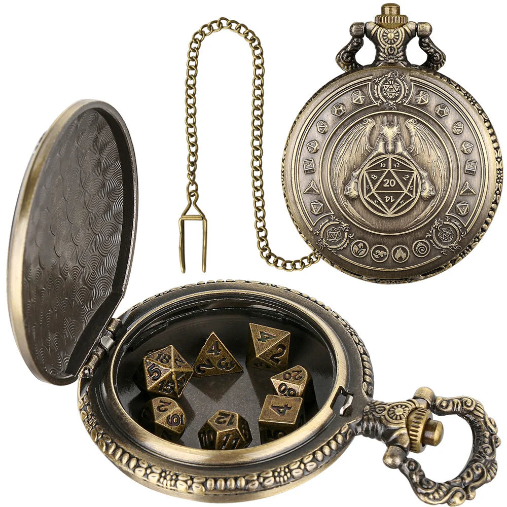 A brass steampunk dragon pocket watch dice case with an open lid and a hanging chain.