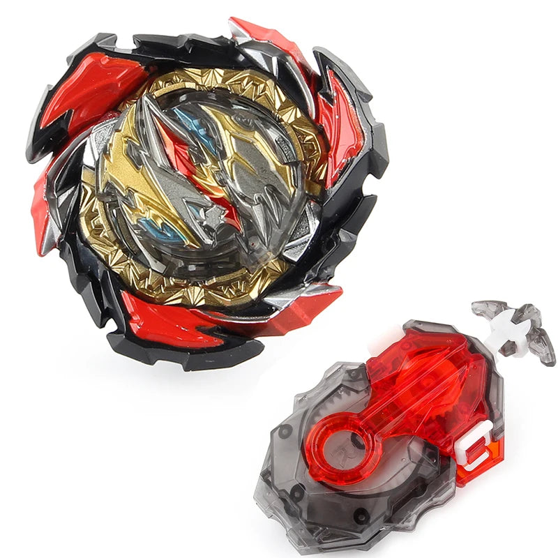 A metal spinning top battle set featuring red and black components with a gold and silver central design.
