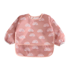 A pink full-sleeve waterproof baby bib featuring a repeating pattern of white rainbow arches.