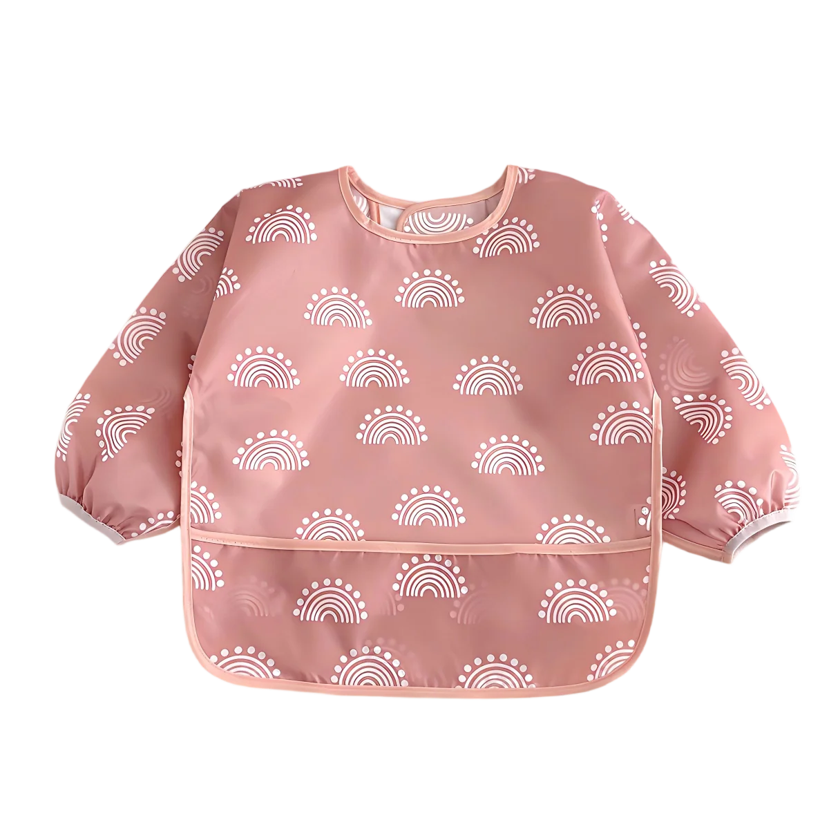 A pink full-sleeve waterproof baby bib featuring a repeating pattern of white rainbow arches.