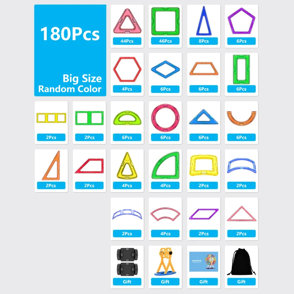 A collection of magnetic building tiles in various shapes, colors, and sizes for a STEM learning set.