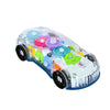 A transparent police car toy featuring gears, lights, and music components.