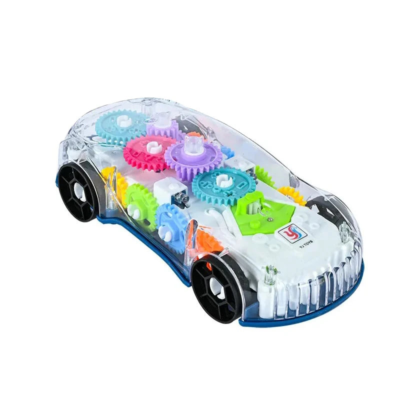 A transparent police car toy featuring gears, lights, and music components.