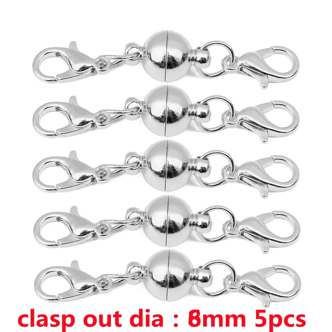 Five sets of silver metal clasps for jewelry making used to connect and secure items