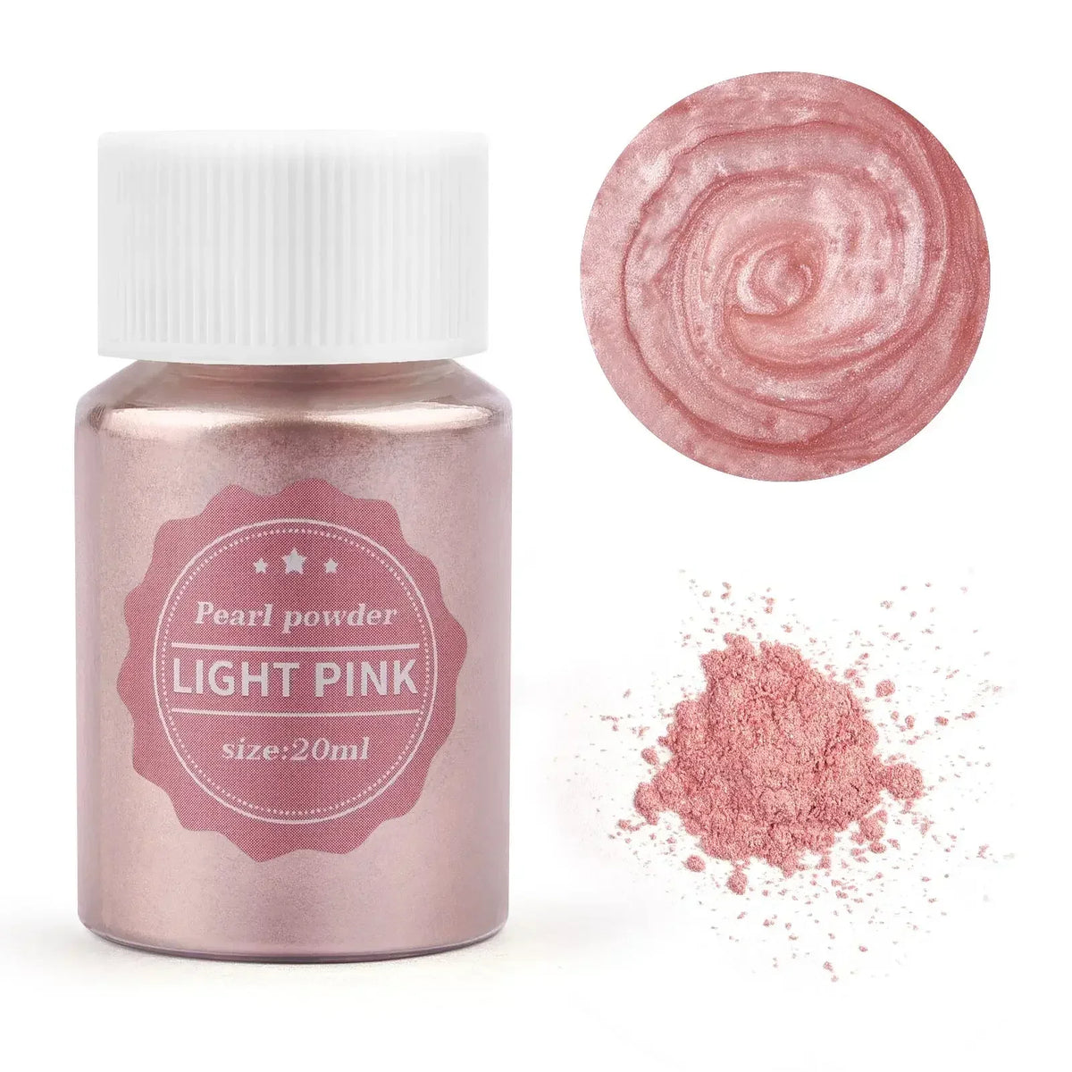 A glass jar of light pink pearl powder next to a circular swatch and loose powder display.