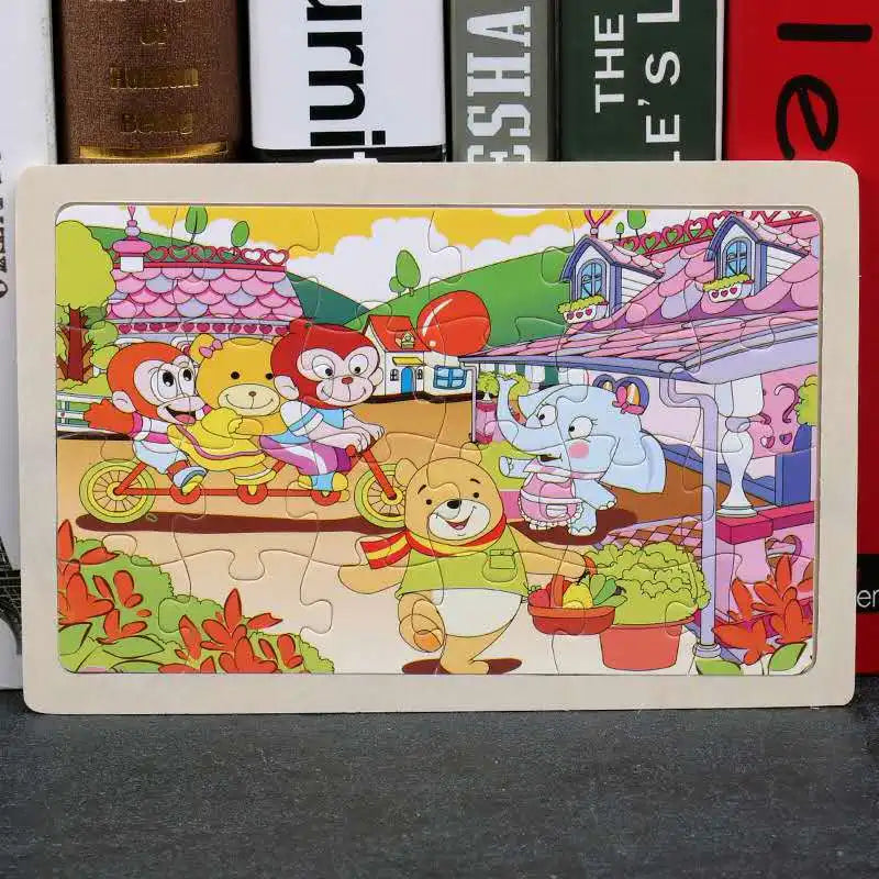 A colorful illustration of various woodland animals, including a fox, bear, and other creatures, designed as a 24-piece woode