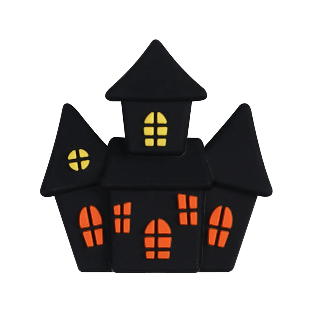 Black silicone beads shaped like a house with a pointed roof and window details for jewelry making