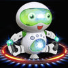 A white, spherical robot with glowing green eyes and lights is shown performing a spinning dance.
