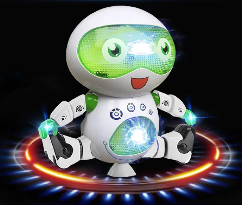 A white, spherical robot with glowing green eyes and lights is shown performing a spinning dance.