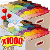 A box filled with colorful bendable chenille craft stems in various shades of red, orange, yellow, green, and purple.