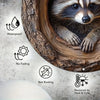 Aluminum wall art featuring a raccoon peering out of a tree hole, highlighting waterproof and durable qualities.