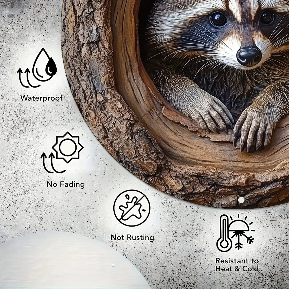 Aluminum wall art featuring a raccoon peering out of a tree hole, highlighting waterproof and durable qualities.