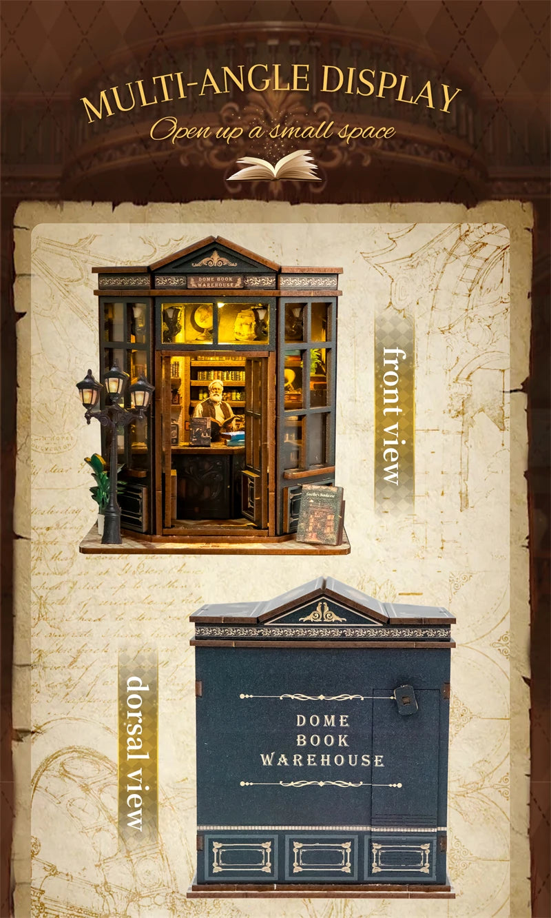 A multi-angle display showing a bookstore book nook kit with LED light from front and dorsal views.