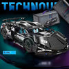 A detailed 1:14 scale black RC sports car building kit is shown with its box and components.