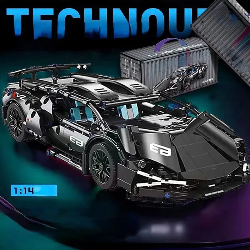 A detailed 1:14 scale black RC sports car building kit is shown with its box and components.