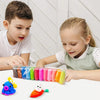 Two children are shown working with a set of vibrant air dry modeling clay and tools on a white table.