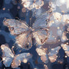 A close-up of a watercolor painting featuring light blue and gray butterflies on a dark background.