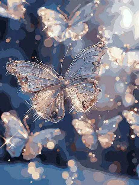 A close-up of a watercolor painting featuring light blue and gray butterflies on a dark background.
