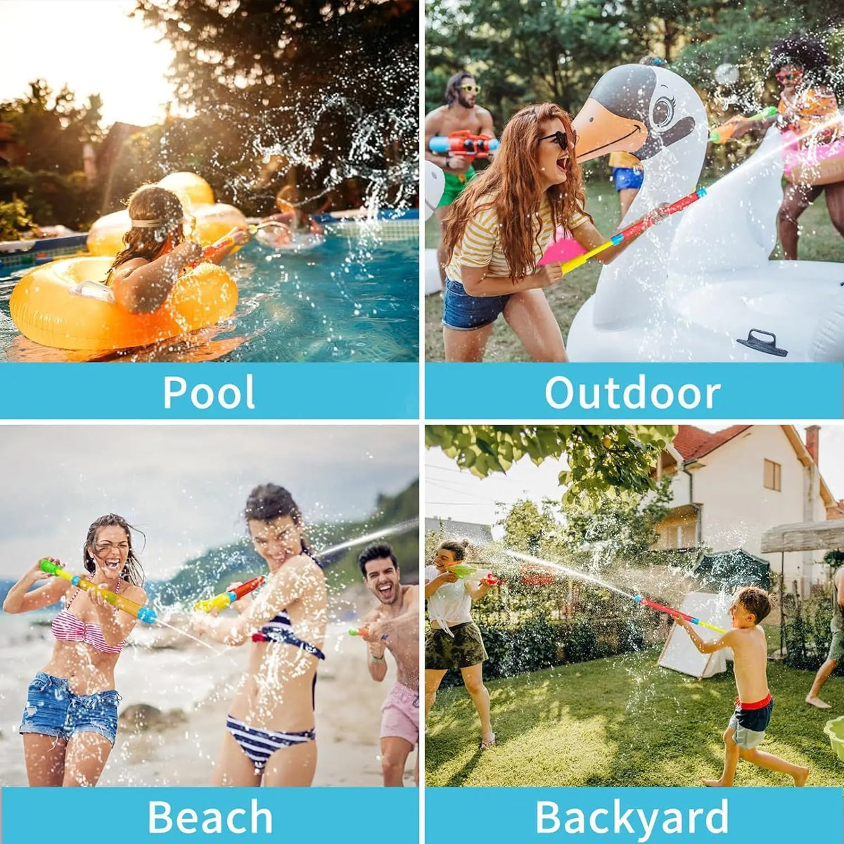 Four images showing people playing with water blasters in a pool, outdoors, on the beach, and in a backyard.