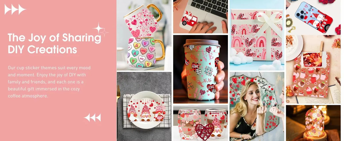 A collection of colorful cup sticker themes and waterproof makeup-themed cup wraps for glasses.