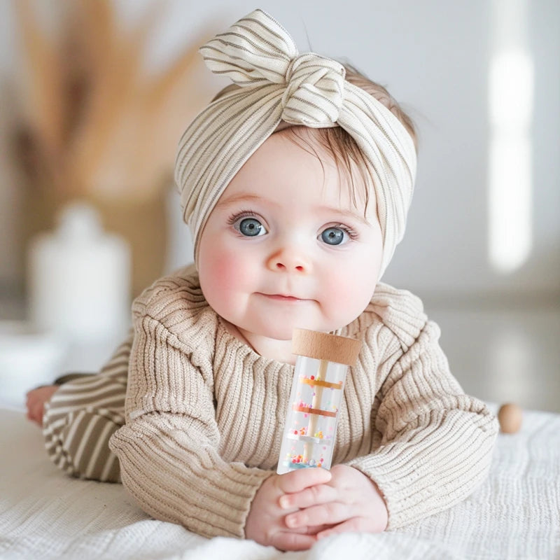 Un bébé porte un pull tricoté beige et tient un hochet éducatif Arc-en-ciel Montessori.